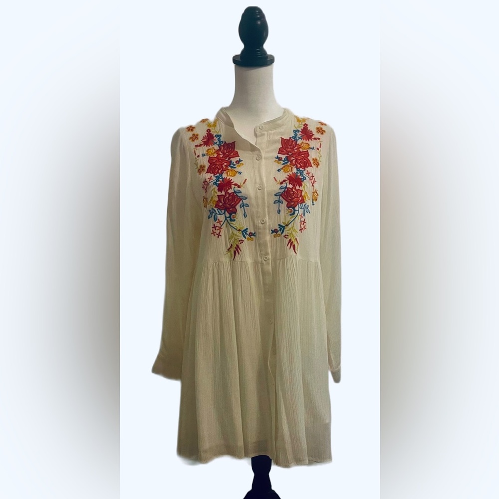 Andree by Unit Embroidered Cream White Long Sleeve Tunic Mini Dress Sz S NWT